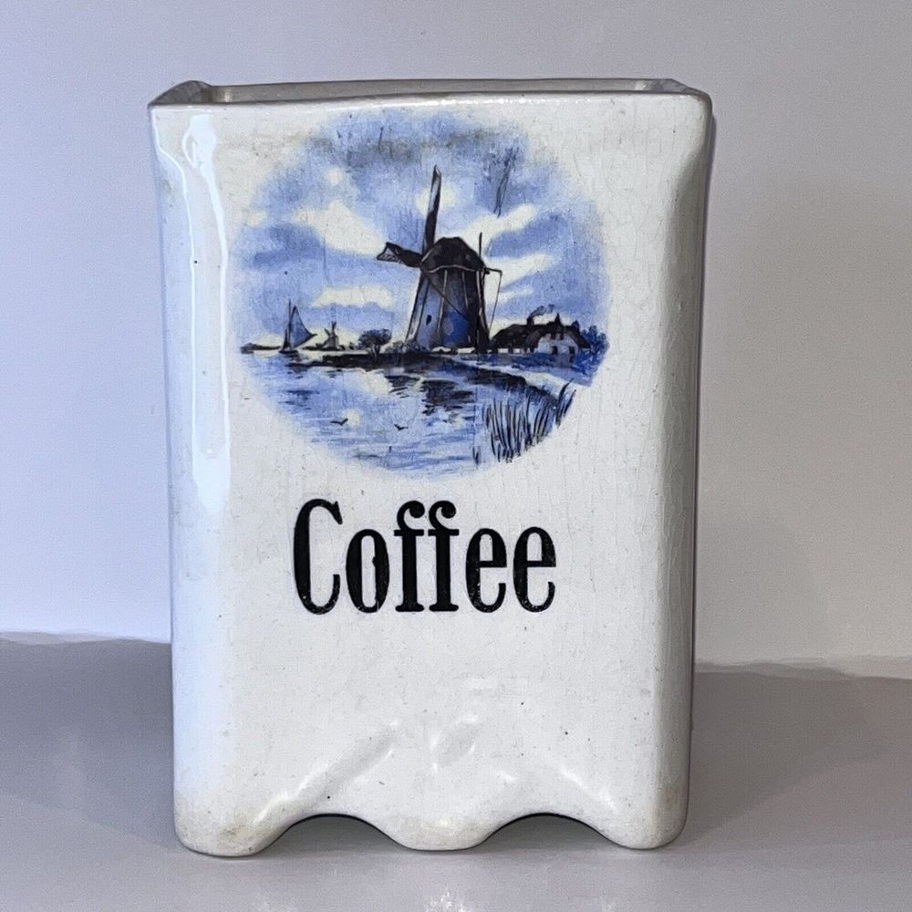 Vintage Square Ceramic Coffee Cannister‎ Blue & White Windmill 6" Cottagecore